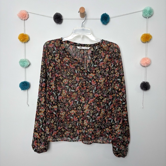 Zara Black Floral Long Sleeve Button Vneck Blouse - Picture 1 of 6